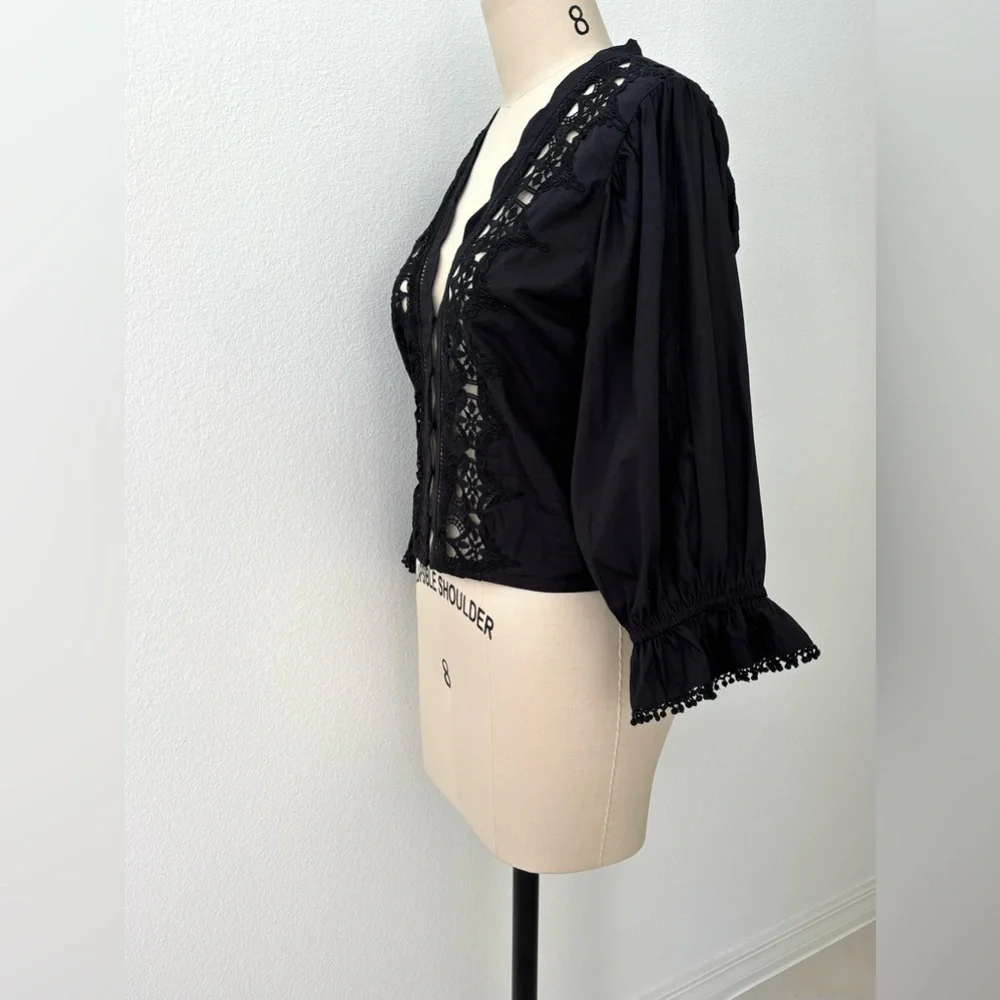 Free People Louella Embroidered Top NWT Black Cotton Cropped Scalloped L